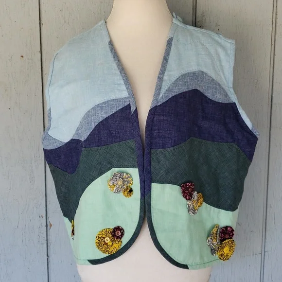 Vintage Vest Floral Flower Trees Mountains River Lake - Picture 16 of 16